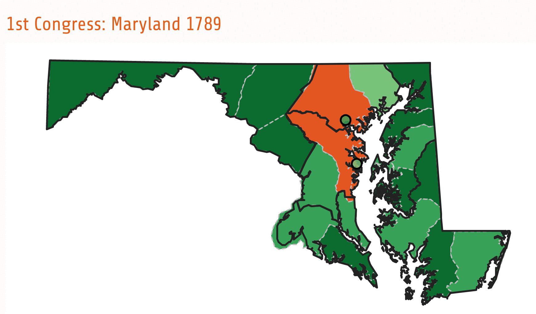 How party voting patterns changed in Maryland over nineteen Congresses. Note how competition between Federalists (green) and Anti-Federalists (orange), which is briefly interrupted by state-wide parties (blue and red), is replaced by competition between Federalists (green) and Democratic-Republicans (purple). Those two parties remain dominant until the Democratic-Republicans fragment into factions in the 19th Congress.