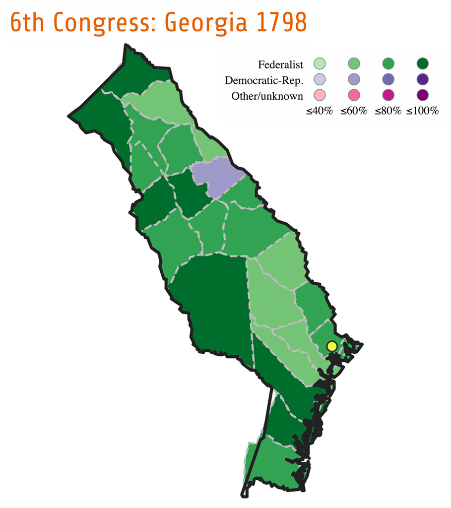 During the early republic, the most common method of electing Congressional candidates was the At-Large system, in which candidates who received the most votes in a state-wide election were elected to Congress. In states like Georgia, which used an At-Large system, all voters cast a single ballot which included the names of several candidates. In Georgia’s Sixth congressional election, voters wrote two names on their ballot. Because the Democratic-Republicans (purple) only ran one candidate (a second Republican John Milledge had declined to serve if elected), many Republican voters gave their second vote to either Federalist (green) James Jones or Federalist Benjamin Taliaferro. This produced the unusual result of an entirely Federalist congressional delegation in a predominately Democratic-Republican state.