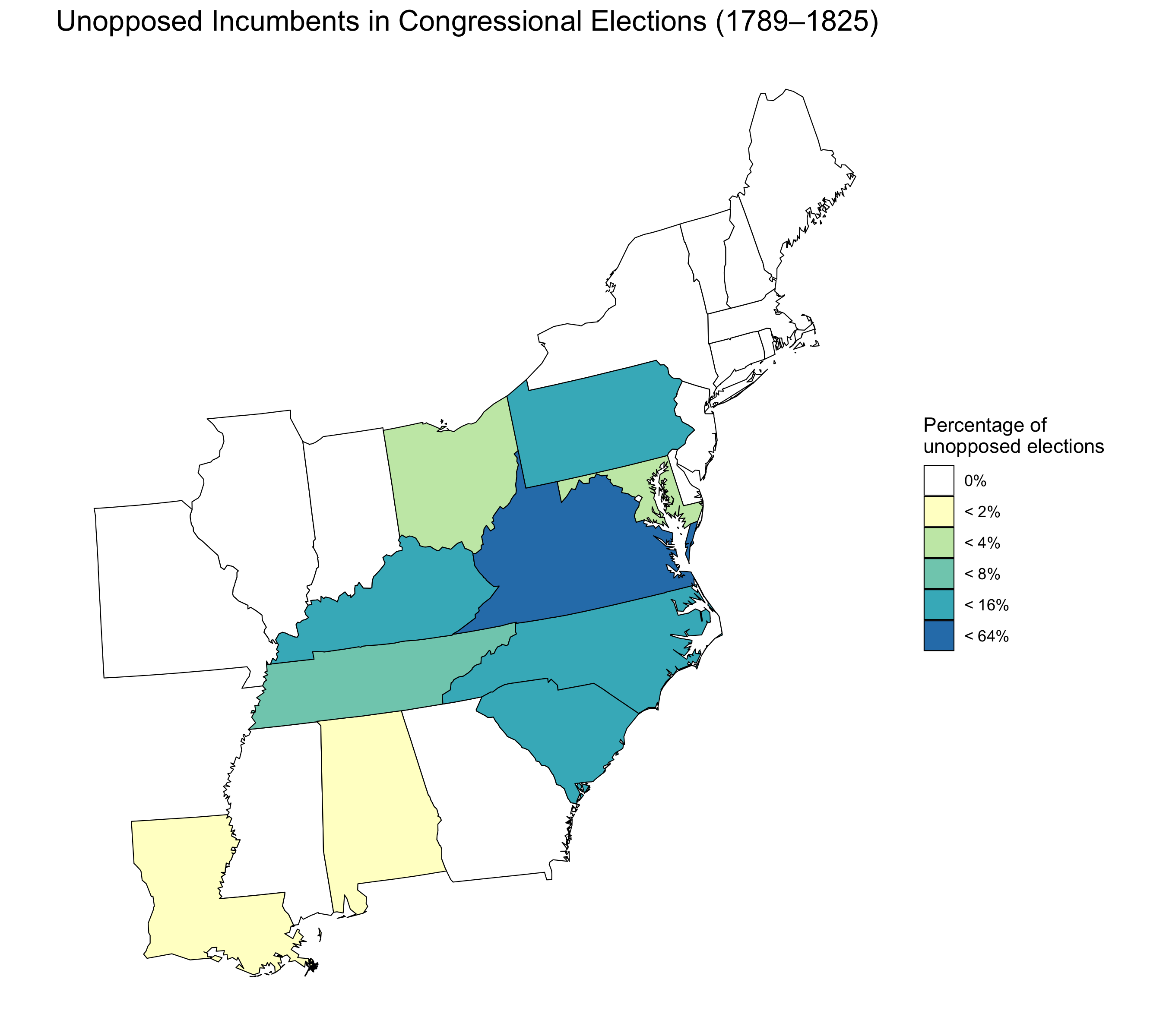 In a little over nine percent of all US congressional elections held from 1789–1825, incumbent candidates (current office holders) faced no political rivals and were re-elected without opposition. This map breaks down these elections by state, showing the percentage of elections held in each state that were won by unopposed incumbents. As the map shows, the largest percentage of unopposed incumbent elections were won in southern states such as Kentucky, South Carolina, North Carolina, and Virginia—the later having the highest percentage, with 45.2% of its elections won by unopposed incumbents. This suggests that despite the new language of “democratic” politics, an older style of deferential politics was still the accepted practice in the South for at least the first thirty years of US Congressional elections.